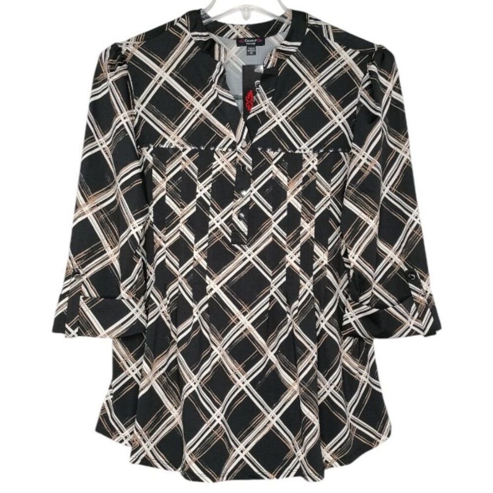 Cocomo Women's Plus Size 3X Black Tan Plaid Print Studded Pintuck 3/4 Sleeve Top